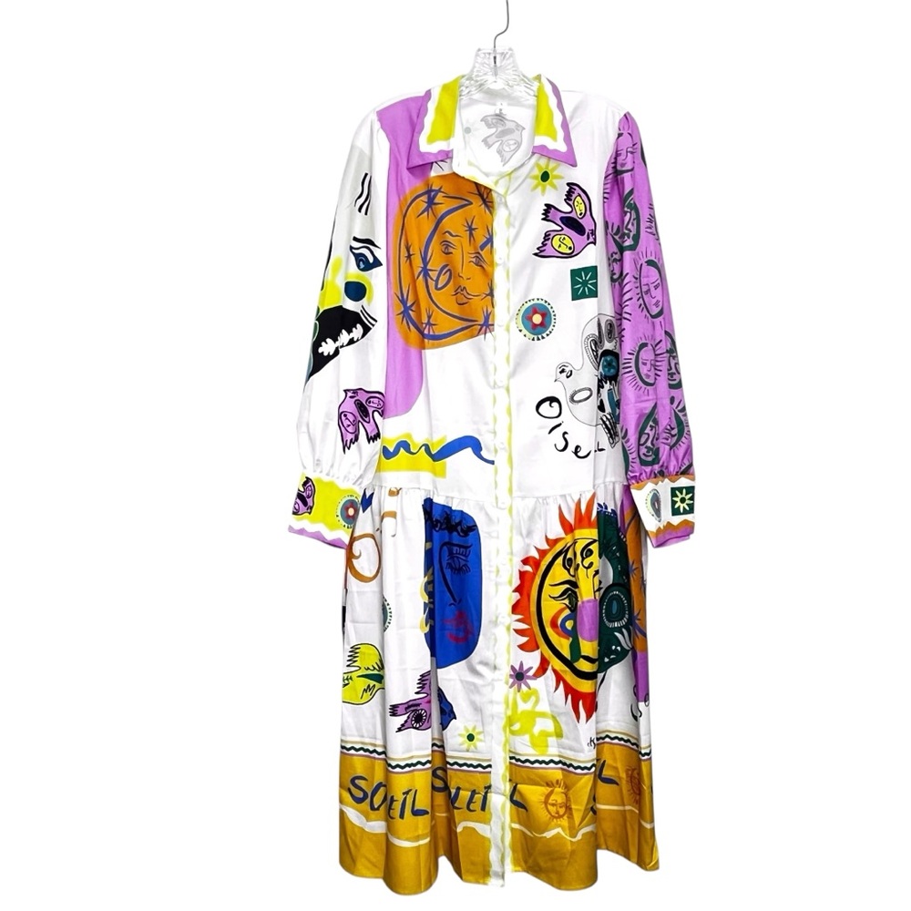 NWOT Unknown Brand Soleil Patchwork Print Button Front Tiered Maxi Shirt Dress L